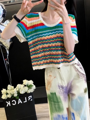 多巴胺休闲时尚套装女夏季穿搭洋气减龄彩虹短袖牛仔阔腿裤两件套