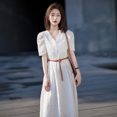 白色连衣裙女夏装法式纯棉气质名媛高级感夏季仙女V领长裙子夏天