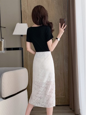 黑色拼接蕾丝包臀连衣裙女夏季显瘦气质高级感中长款法式中长裙子