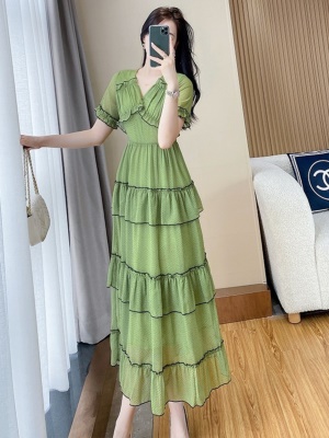 法式高级感雪纺淡绿色连衣裙女仙2025夏季新款度假气质蛋糕长裙子