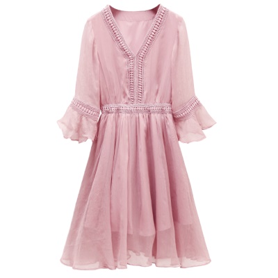 法式小个子雪纺连衣裙气质女神范女夏天很仙女裙V领粉色中袖裙子