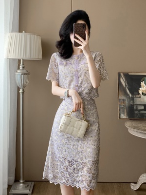 2025夏季新款时尚气质紫色蕾丝连衣裙两件套显瘦高级感半身裙套装