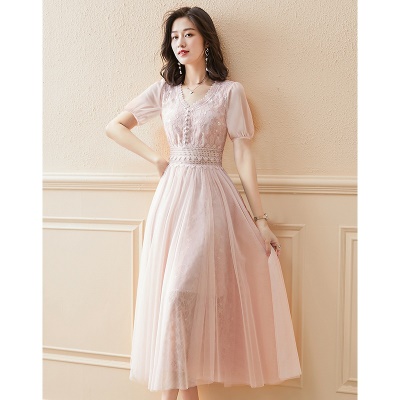 法式网纱连衣裙女2025年夏季新款高端超仙气质收腰显瘦雪纺长裙子