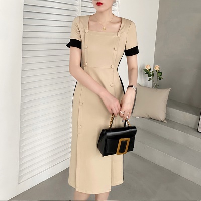 职业连衣裙女2025年夏季女士修身双排扣撞色知性包臀裙白领工作裙