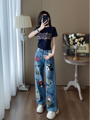 今年流行夏装穿搭一整套时尚休闲减龄炸街牛仔阔腿裤两件套装显瘦