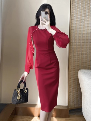 婚礼礼服高端年会宴装主持红色敬酒服长袖钉珠高贵洋气包臀连衣裙