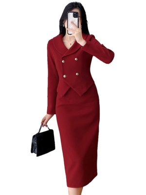 冬季过年新小香风红色套装裙女新款毛呢气质名媛订婚高级感两件套