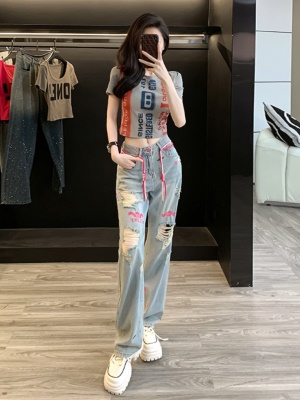 时尚休闲套装夏季穿搭一整套2025新款短款t恤破洞牛仔裤两件套女