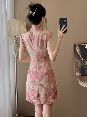 新中式国风改良旗袍裙女夏复古立领洋气减龄褶皱显瘦连衣裙小个子