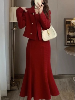 2025冬季新款过年红色毛呢小香风套装裙高级感时尚气质名媛两件套