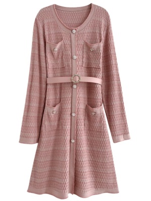 粉色小香风连衣裙女秋冬季高级感气质修身显瘦配大衣的毛衣打底裙