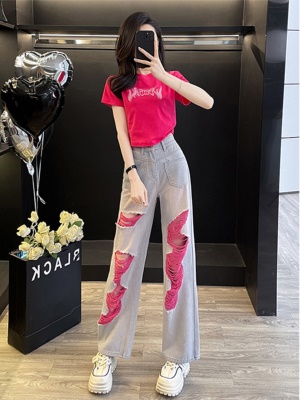 多巴胺活力休闲套装女夏炸街洋气短T恤牛仔阔腿裤时尚穿搭两件套