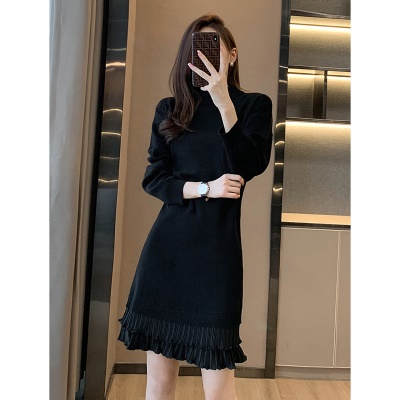 法式针织连衣裙女秋冬打底配大衣内搭中长款小个子假两件毛衣裙子