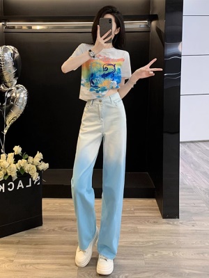 多巴胺蓝色休闲套装女夏季穿搭一整套炸街减龄短袖牛仔阔腿裤两件