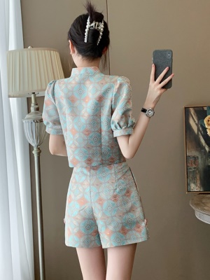 新中式国风刺绣套装女小个子高级感短袖上衣阔腿短裤两件套春秋夏