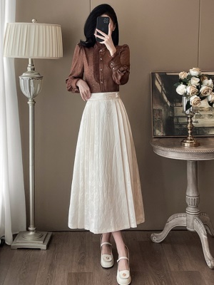 2025秋季新款时尚木耳边衬衫搭配半身裙两件套显瘦高级感气质套装