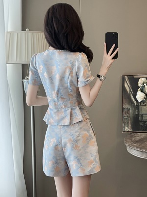 夏季新款时尚今年流行套装中式国风短裤V领上衣两件套小个子洋气