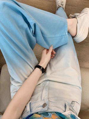 多巴胺蓝色休闲套装女夏季穿搭一整套炸街减龄短袖牛仔阔腿裤两件