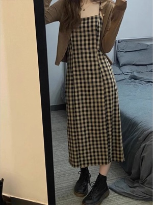 早秋装搭配一整套穿搭2025新款小香风格子长袖连衣裙女开衫两件套