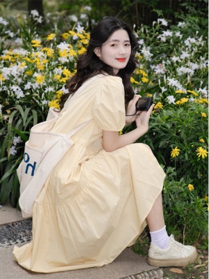 法式温柔风黄色全棉衬衫连衣裙仙女装夏季新款中长款收腰短袖裙子