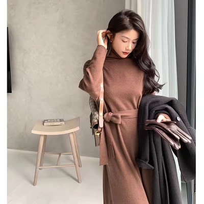 2025秋冬新款毛衣长裙子打底内搭配大衣半高领法式针织连衣裙子女