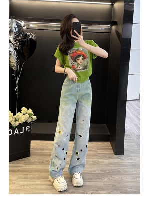 休闲运动套装女夏季炸街减龄时尚绿色短袖洞洞牛仔阔腿裤两件套潮