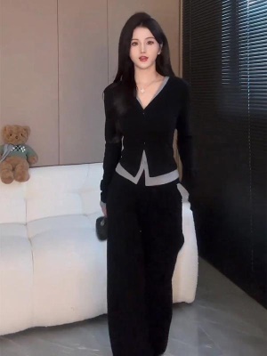 时尚休闲运动套装女春秋2025新款洋气高级感修身显瘦阔腿裤两件套