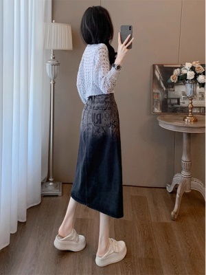 炸街时尚套装女初秋减龄洋气显瘦镂空针织衫渐变半身裙两件套秋季