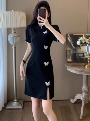 夏季新中式国风改良旗袍短袖连衣裙女气质送考收腰黑色裙子小个子