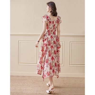 雪纺碎花连衣裙女夏2025年新款夏季薄款法式收腰气质长款裙子仙女