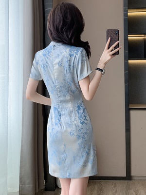 新中式国风改良送考旗袍开叉裙子女夏季新款斜襟包臀连衣裙小个子