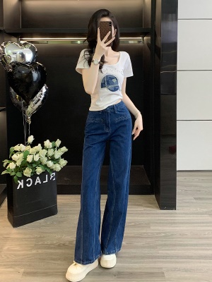 窄版牛仔阔腿裤休闲套装女夏季减龄一整套穿搭时尚洋气T恤两件套