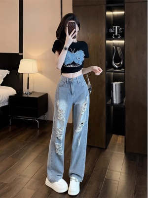 夏装搭配一整套时尚套装女夏季网红炸街高腰破洞牛仔裤两件套时髦