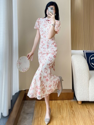 新中式国风汉服旗袍连衣裙女夏气质高级感晚礼服碎花包臀鱼尾裙子