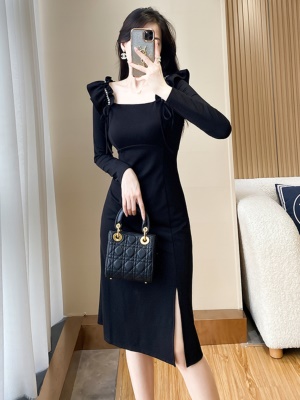黑色高级感开叉连衣裙女秋季新款气质修身包臀晚礼服赫本风小黑裙