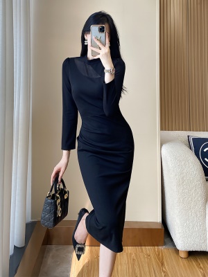 黑色旗袍领连衣裙女秋季2025新款名媛气质高端礼服法式修身包臀裙