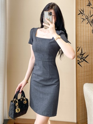 灰色通勤OL连衣裙夏高端轻奢女装气质职业装女神范收腰显瘦包臀裙