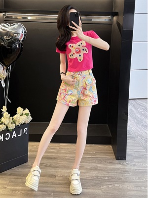 多巴胺休闲运动套装女夏季炸街洋气时尚短袖花色牛仔短裤两件套潮