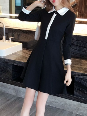 秋季黑色长袖职业OL通勤连衣裙小个子娃娃领心机小黑裙赫本风短裙