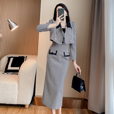 小香风洋装两件套装小外套秋冬新款职业高级感女装格子吊带连衣裙