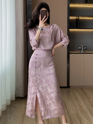 富贵改良禅意旗袍套装紫色新中式国风半身裙包臀盘扣开衩裙子女夏