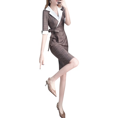 2025年夏季新款女职业西装格子淑女连衣裙修身气质女神范一步裙夏