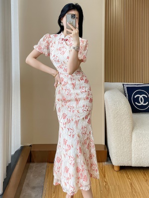 新中式国风汉服旗袍连衣裙女夏气质高级感晚礼服碎花包臀鱼尾裙子