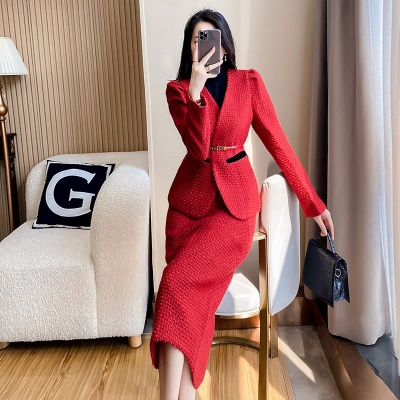 小香风套装2025秋冬新款女装红色礼服裙名媛气质轻奢半身裙两件套