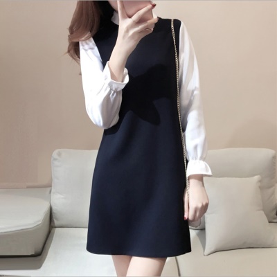 黑白拼接高级感连衣裙春秋款女赫本风通勤小黑裙矮小个子显瘦短裙