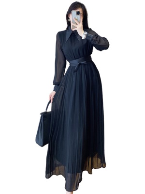 初秋新款黑色雪纺长袖连衣裙法式高级感气质女神范收腰百褶长裙子