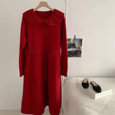 法式复古配大衣毛衣长裙新年战袍娃娃领打底红色针织连衣裙女秋冬