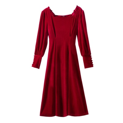 秋冬新款洋气金丝绒中长款黑色连衣裙女裙打底宴会气质礼服长裙子