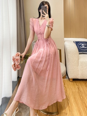 高级感法式连衣裙女仙夏2025夏季新款名媛气质收腰显瘦雪纺长裙子