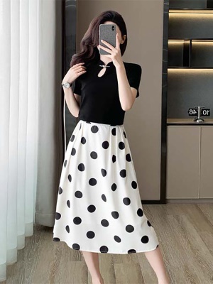 夏季穿搭一整套伞裙套装法式气质小香风波点半身连衣裙子两件套女
